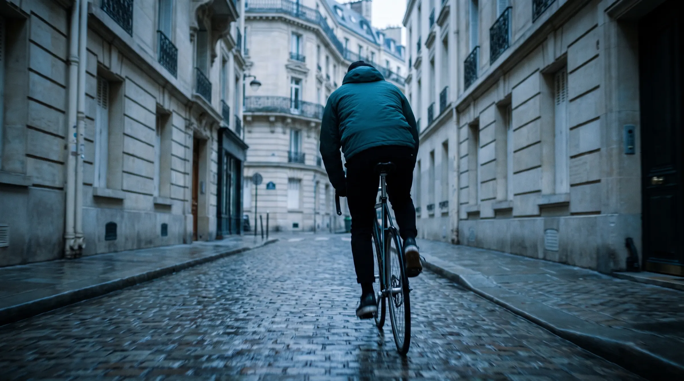 Un coursier à vélo dans une rue pavée à l'aube